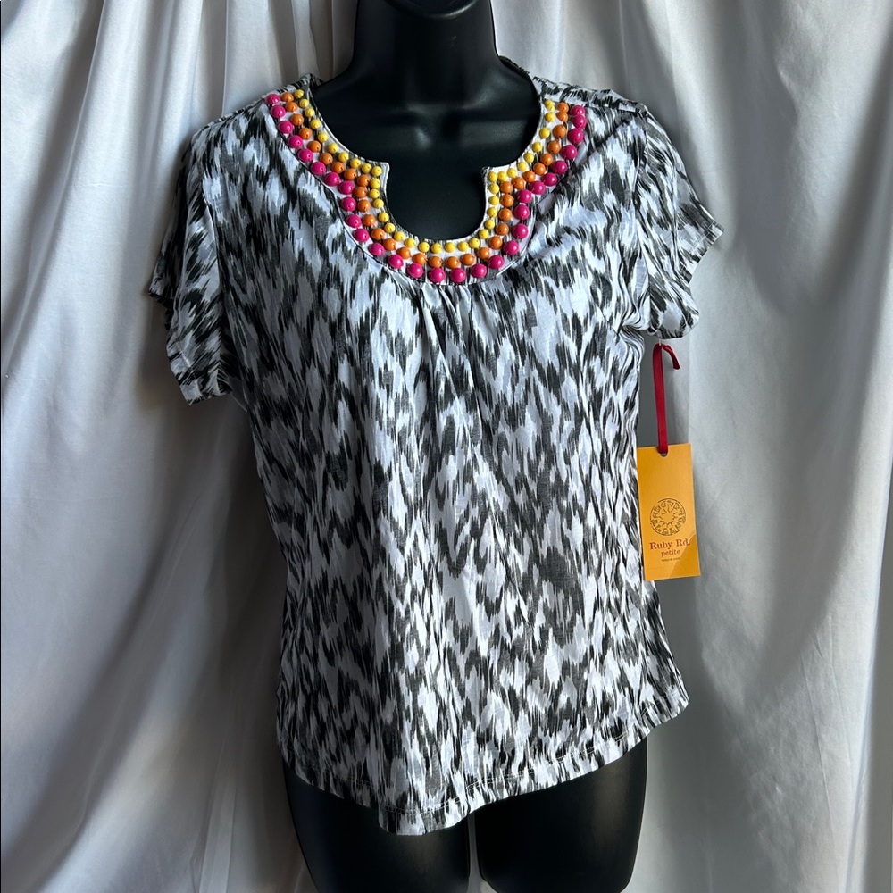 Ruby Rd Beaded Embellished Neck Blouse Size Petite Medium
